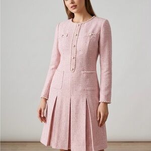 Pearl-Trim Pink Long-Sleeve Tweed Dress pleated pearl small NwT
